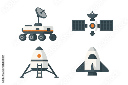 Various space exploration vehicles including a rover, satellite, and rocket launchers in a modern design style