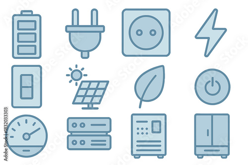 Energy symbols representing electrical devices and renewable energy sources for sustainable living and technology