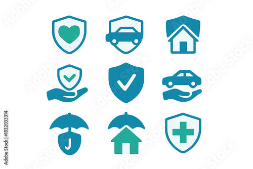 Insurance symbols display various coverage options for health, car, and home protection