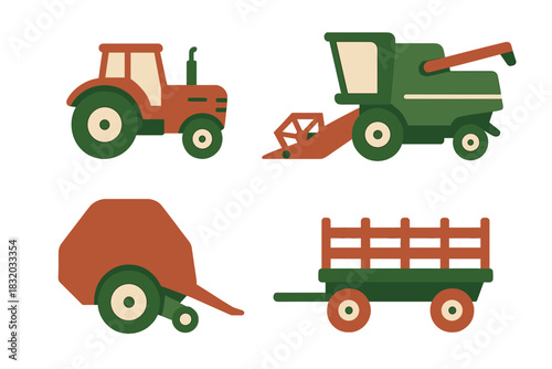 Farm equipment illustrations featuring a tractor, combine harvester, trailer, and baler in a simple and colorful design