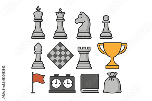 Chess pieces, trophies, and timers displayed in a colorful graphic design celebrating the game of chess