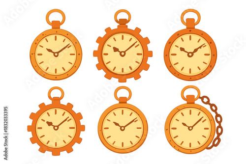 Collection of vintage clocks in orange design showcasing different styles and mechanisms for timekeeping and decoration