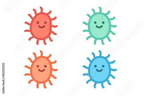 Colorful cartoon bacteria with happy faces in a cheerful design suitable for children's education about microbes