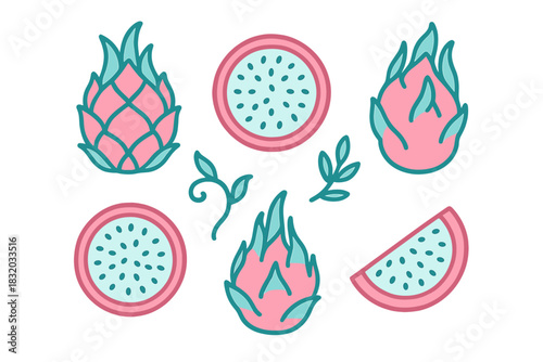 Colorful illustrations of dragon fruit and other tropical fruits in a playful design