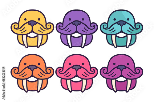 Colorful cartoon walruses with mustaches in various shades arranged in a fun pattern