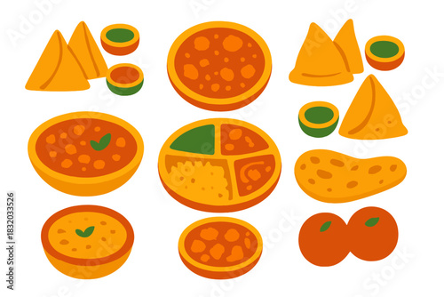 Variety of colorful Indian snacks and desserts arranged neatly on a white background