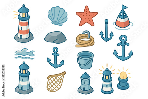 Colorful nautical symbols including lighthouses, anchors, and sea creatures often found at coastal locations