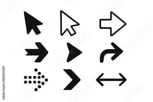 Various black arrow icons in different styles for indicating direction and navigation on a digital interface