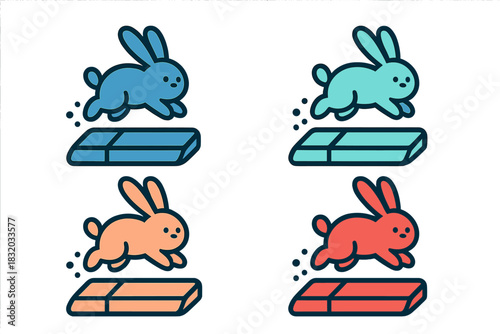 Colorful cartoon rabbits jumping over bars in a playful animation style