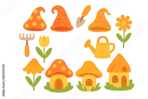 Colorful garden scene featuring whimsical hats, flowers, and gardening tools in a playful style