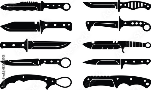 Knife silhouette collection, tactical blade icons, combat knife vector set, survival gear graphic, black weapon shapes, tool design