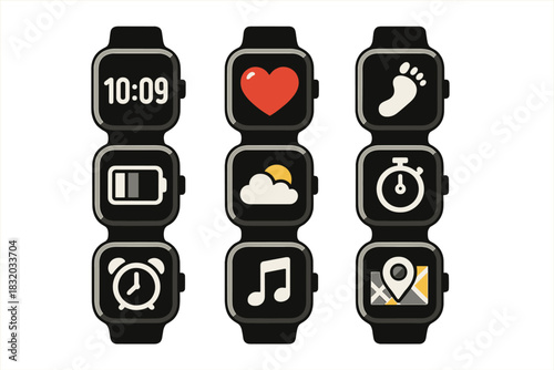 Smartwatch display showcasing health and fitness features with various app icons