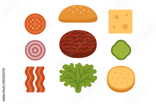 Various ingredients for assembling a delicious burger with fresh veggies and toppings ready for a meal prep session