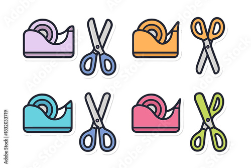 Colorful scissors and tape dispensers in various styles and hues suitable for crafting and office use