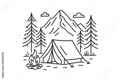 Camping in the mountains with a tent and a campfire surrounded by tall trees and a scenic view