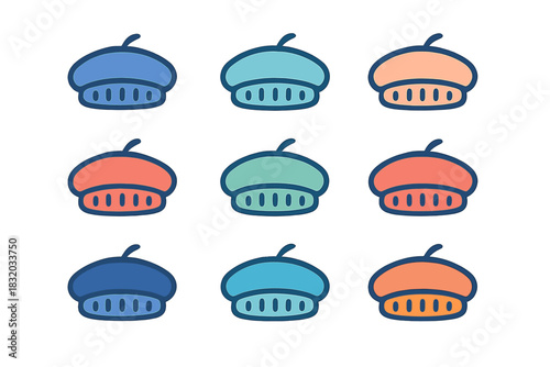 Colorful collection of simple berets in various shades arranged neatly on a flat surface