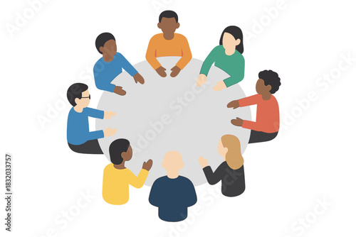 Group discussion around a table with diverse participants in a collaborative environment
