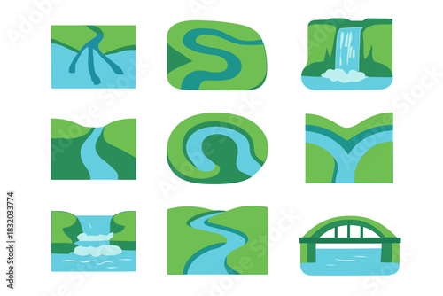 Colorful illustrations of rivers, waterfalls, and hills showing various water flow patterns in a natural landscape