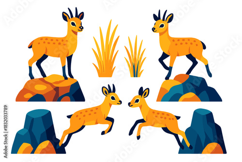 Colorful illustration of cute deer jumping and grazing among rocks and grass in a playful nature scene