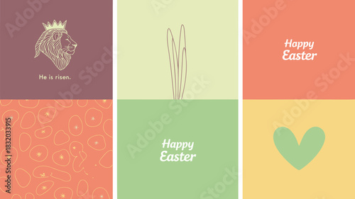 Easter greeting collage featuring a crowned lion with text he is risen and easter eggs