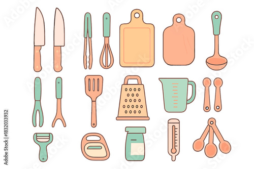 Various kitchen tools organized in a grid showcasing essential cooking items for home chefs