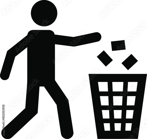 Garbage Disposal Icon Vector: Black Stick Figure Throwing Trash into Waste Basket