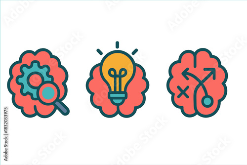 Creative thinking symbols represented by brain icons with gear, light bulb, and strategy arrows