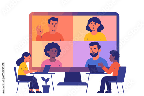Team meeting with diverse participants connecting online in a colorful virtual platform setting