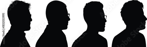 Male profile silhouette vector, black head icons, glasses face design, side view graphic, identity illustration, avatar set