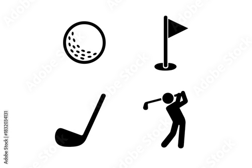 Golf elements including a ball, flag, club, and golfer in a minimalist design