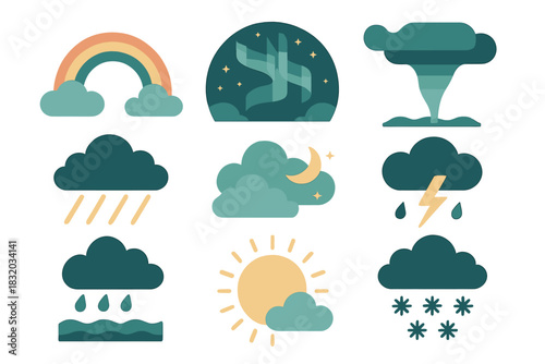 Various weather icons showcasing rain, sun, clouds, and a rainbow in a stylish design