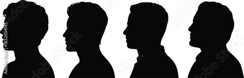 Male profile silhouettes, hairstyle variation icons, black head vector, facial structure graphic, identity comparison, abstract portrait design