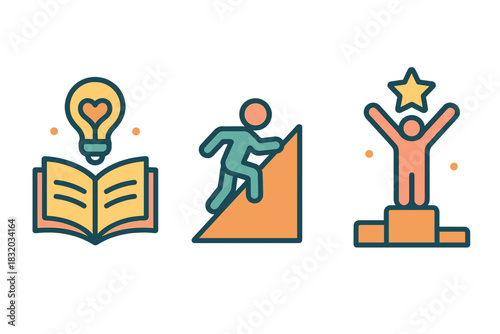 Inspiration and growth through learning and achievement activities depicted in colorful vector designs