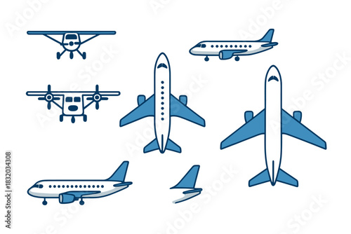 Different types of airplanes flying in various directions, showcasing their unique designs and functions in the sky
