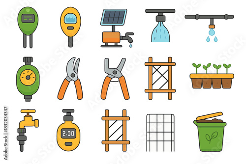 Gardening tools and watering equipment displayed for outdoor gardening activities in a sunny backyard setting