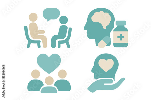 Mental health support concepts including therapy sessions, medication, and group discussions in a caring environment