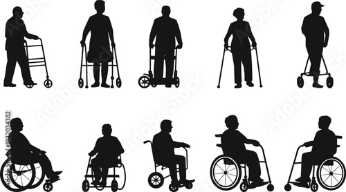 Mobility aid silhouette vector set, walker and wheelchair icons, accessibility graphic, disability support illustration, inclusive design