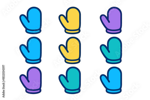 Colorful mittens in various hues arranged in a grid pattern, showcasing winter warmth and playful design elements