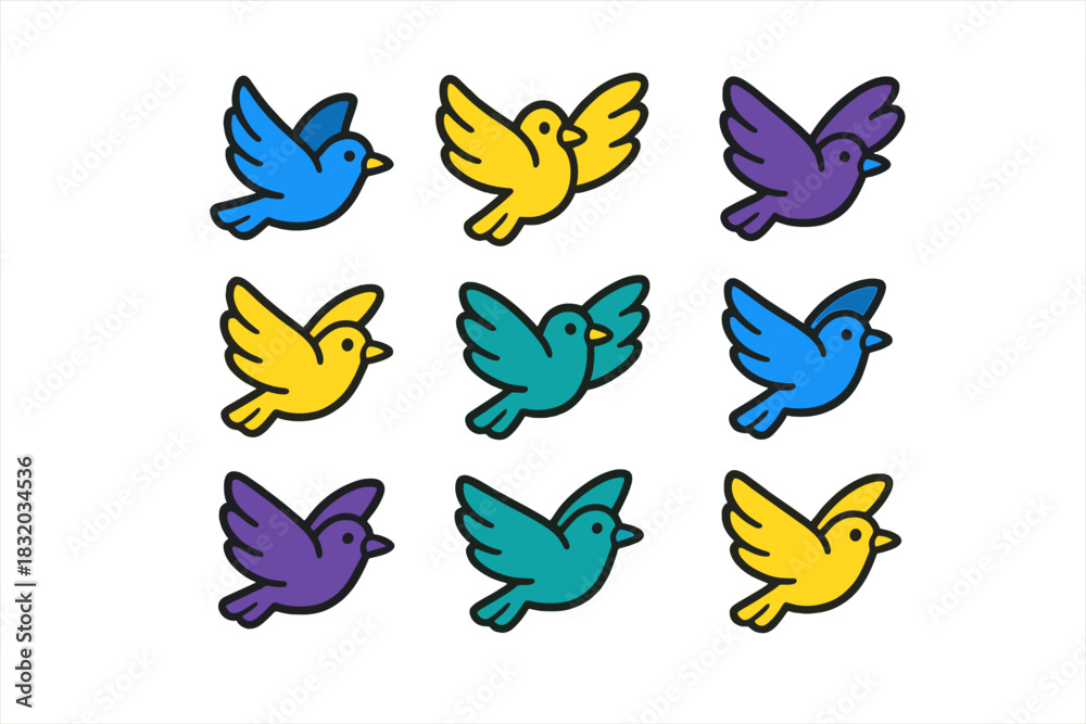 Fototapeta premium Colorful cartoon birds arranged in a grid showcasing blue, yellow, and purple shades, ideal for creative projects
