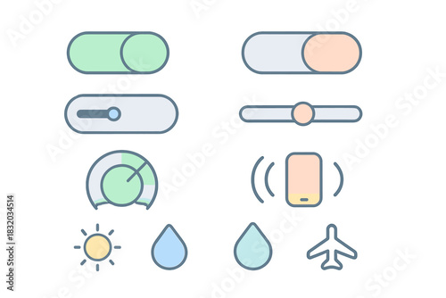 Simple and clean icons for user interface design showcasing various toggle switches and indicators