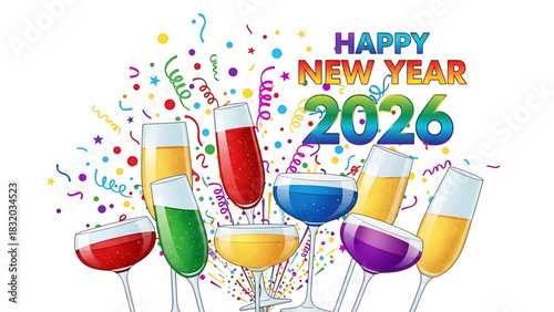 Sparkling 2026 New Year Celebration with Colorful Confetti and Festive Drinks