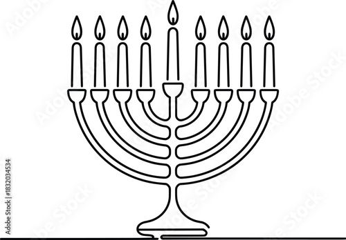 Black outline of a nine-branched menorah with lit candles