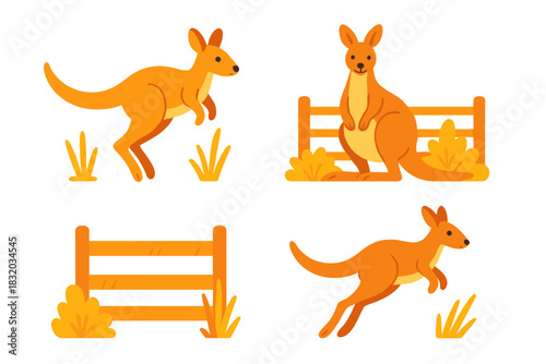 Kangaroos jumping and resting near a wooden fence in a natural setting with grass and bushes in Australia