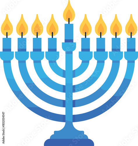 Blue menorah with nine lit yellow candles hanukkah