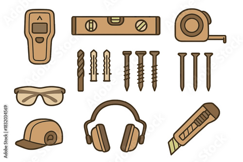 Tool set for home improvement with various hand tools and safety gear on a simple background