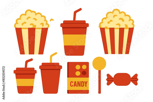 Variety of colorful movie snacks including popcorn, drinks, candy, and lollipops displayed on a white background