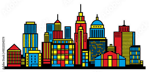 Colorful city line art drawing modern skyline