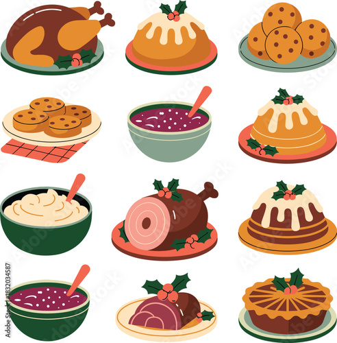 Christmas food platter with roast turkey ham and desserts