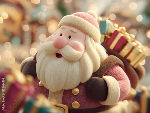Modern Santa Claus character with fluffy beard and rosy cheeks, surrounded by colorful gifts, embodying festive spirit and joy during the holiday season with copy space
