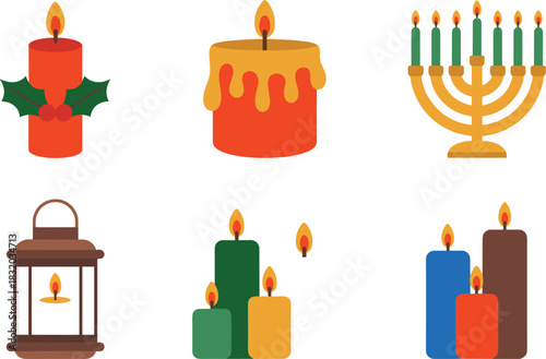Collection of six festive candles and a lantern menorah